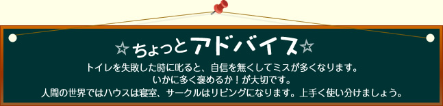 ちょっとアドバイス トイレを失敗したときに叱ると、自信を無くしてミスが多くなります。いかに多くほめるか！　が大切です。人間の世界ではハウスは寝室、サークルはリビングになります。上手く使い分けましょう。